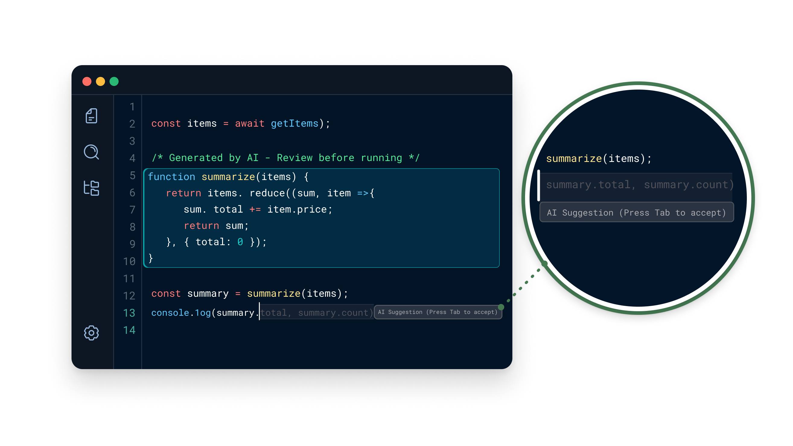 Code editor with AI-generated code highlighted and an inline autocomplete suggestion tooltip reading 'AI Suggestion (Press Tab to accept)'.